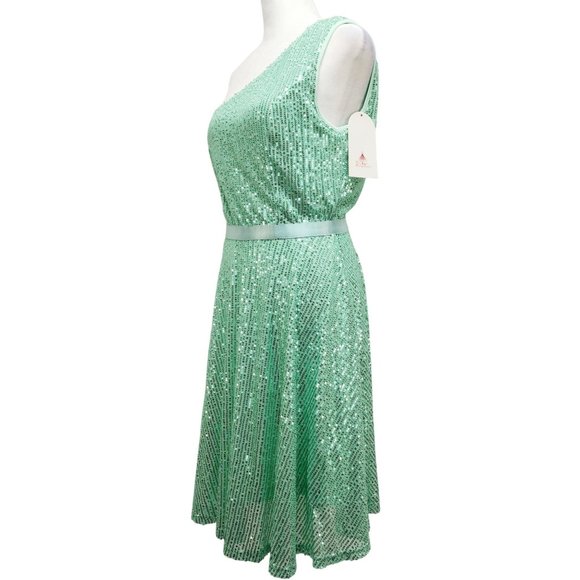 One-Shoulder Light Green Sequined Dress With Ribbon Waist Flowing Skirt Size M - Picture 8 of 12